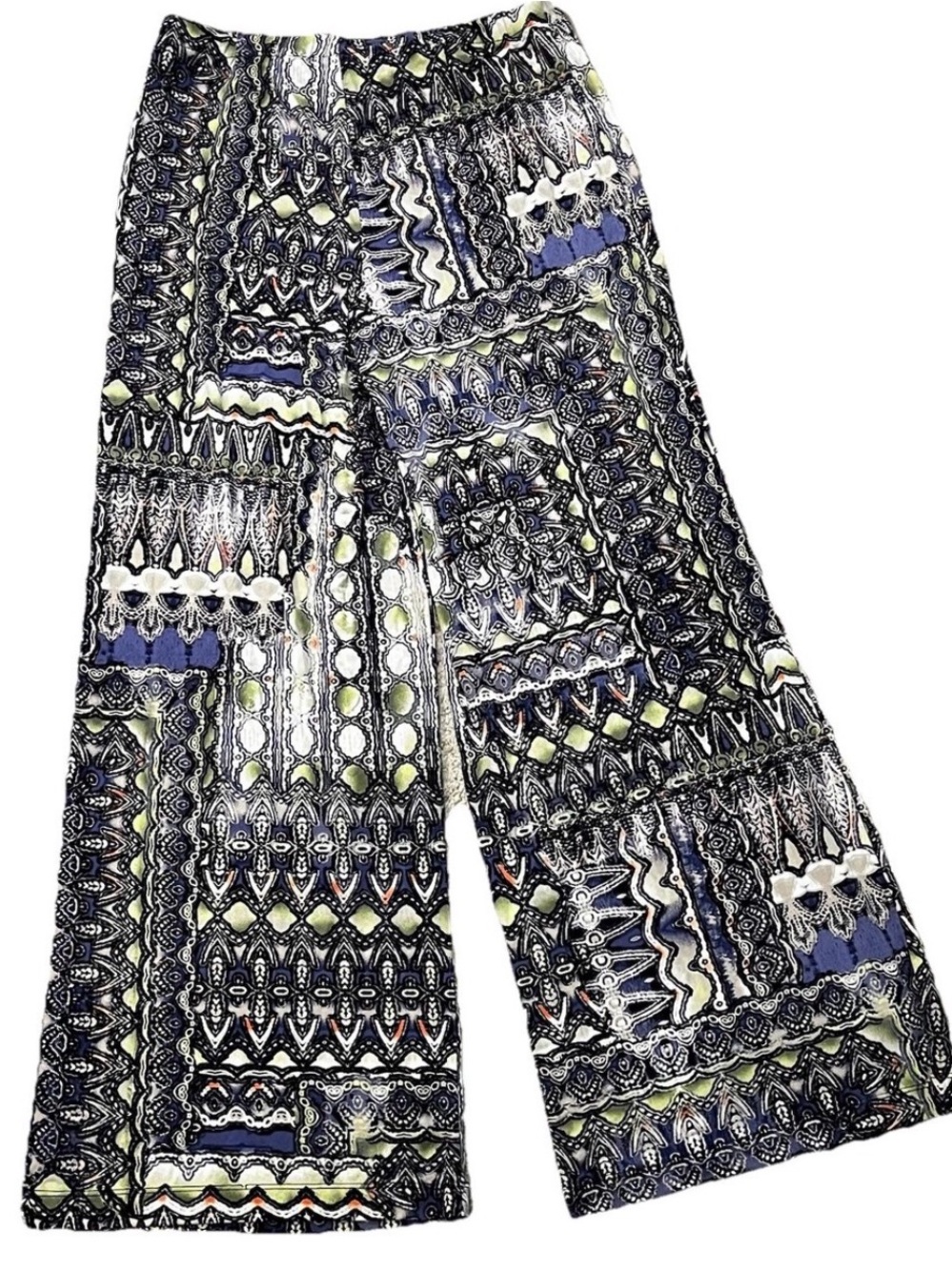 0004 Chico's Navy, White & Lime Geometric Palazzo Pants